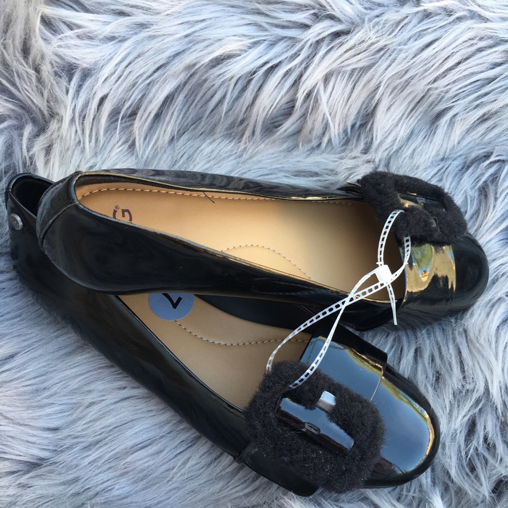 UGG Black Fuzzy Buckle Shiny Flats Shoes